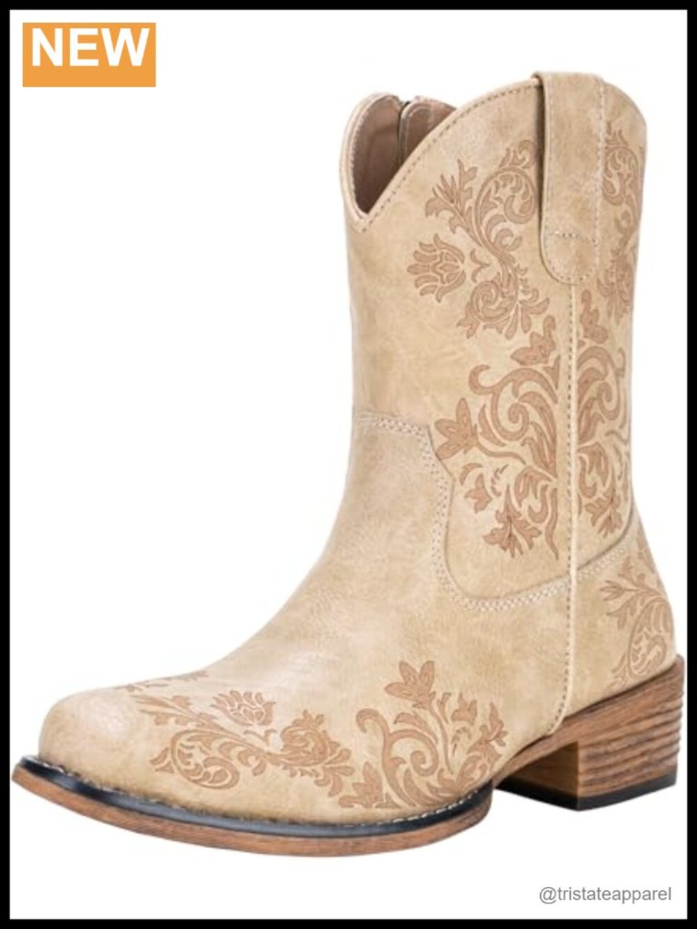 Faux Leather Square Toe Cowgirl Ankle Booties Low Heel Side Zip